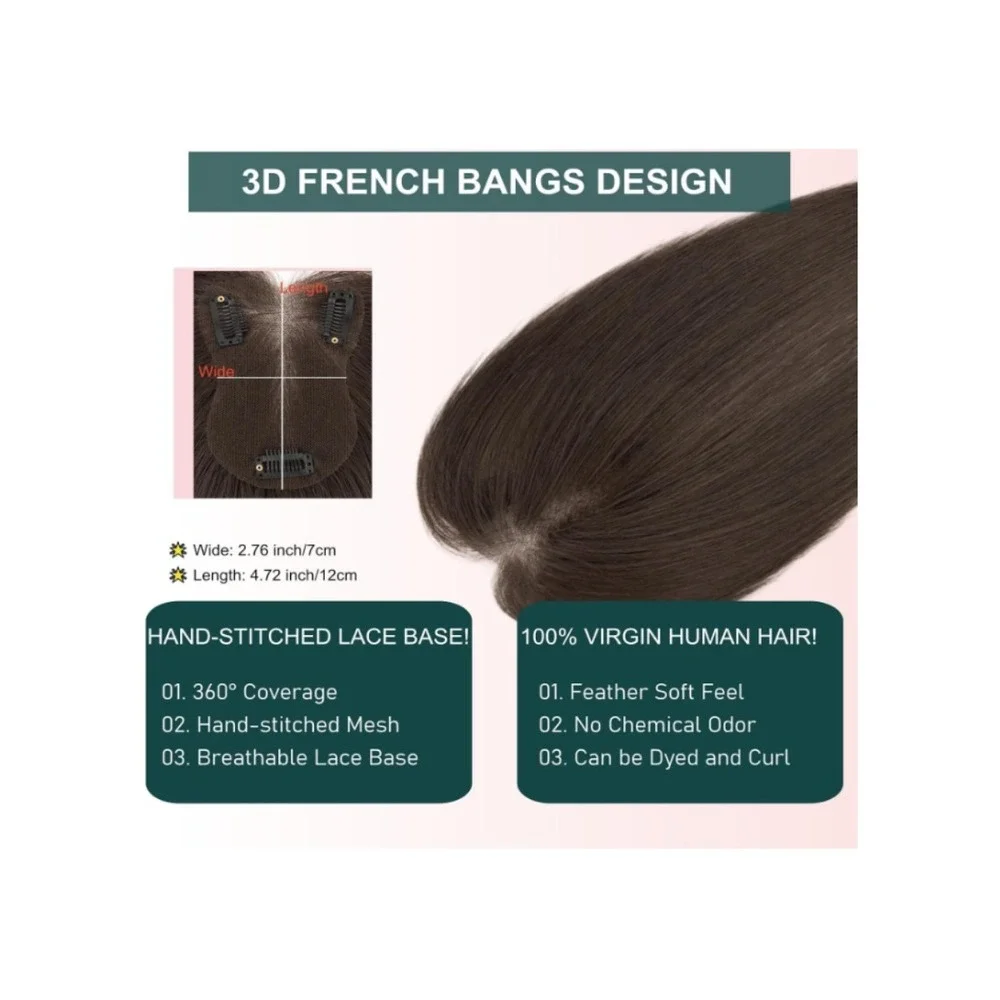 Clip in Bangs 100% Real Human Hair Extensions Dark Brown 12 Inch Topper Brunette